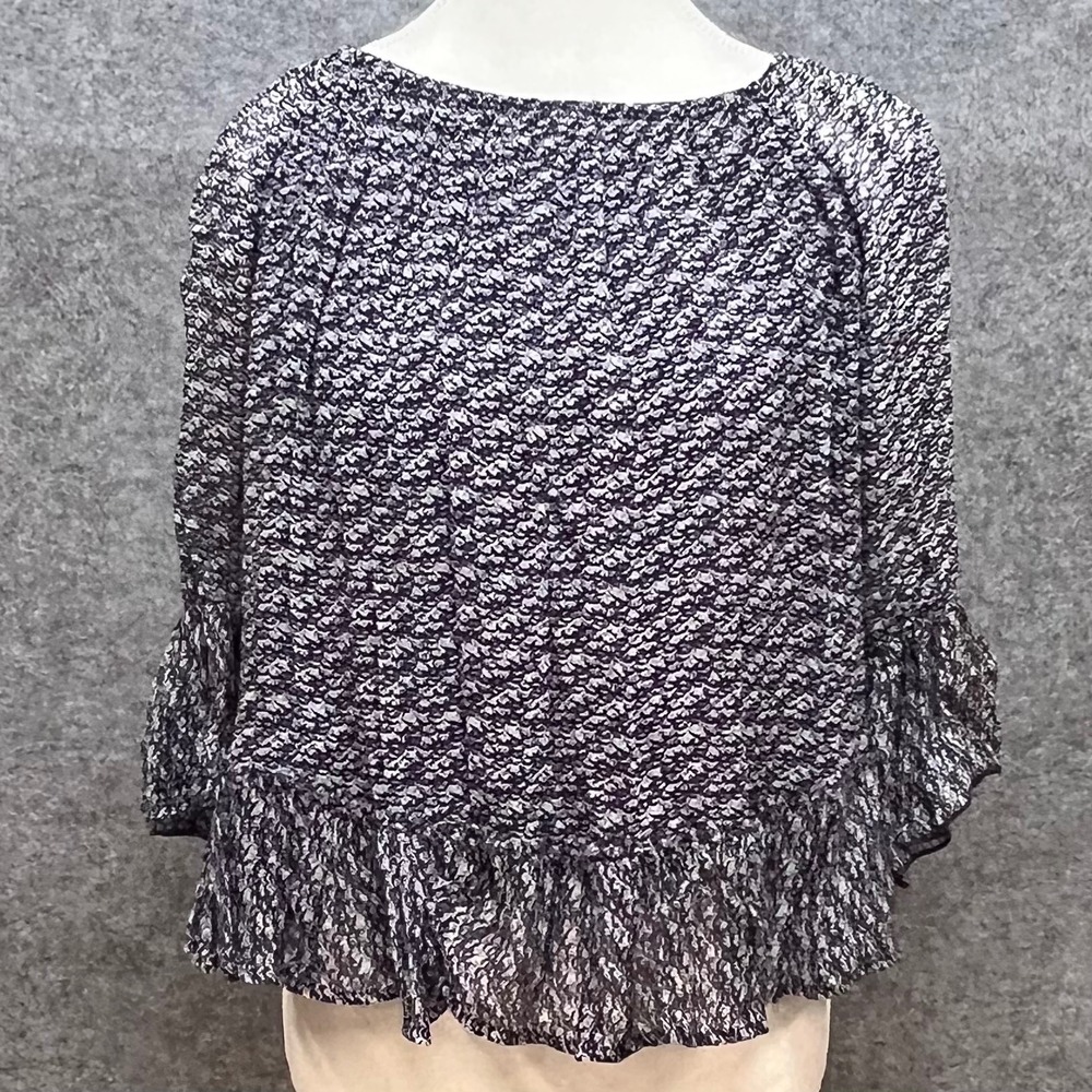Lucky Brand Navy White Abstract Ruffle Bell Sleeve Peplum Top‎ Boho Womens XS